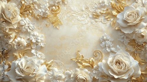 Elegant white roses gold floral wall art, cream background, wedding invitation design