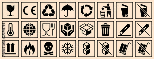 Cardboard packaging icon set. Package sign labels. Common packaging, warning symbol set.