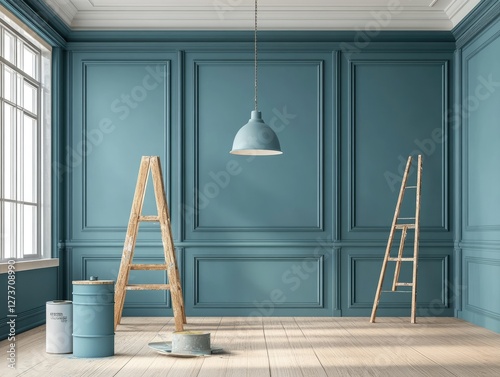 Interior painting, walls painted in a blue color with a white ceiling and wooden floor, a paint can on the left side of the room, a ladder near the walls, and a pendant light hanging from the ceiling.
