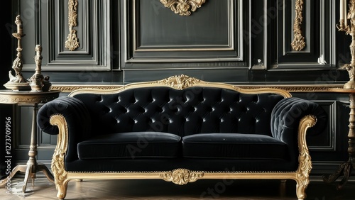 Elegant black sofa with ornate gold accents in a luxurious setting.
