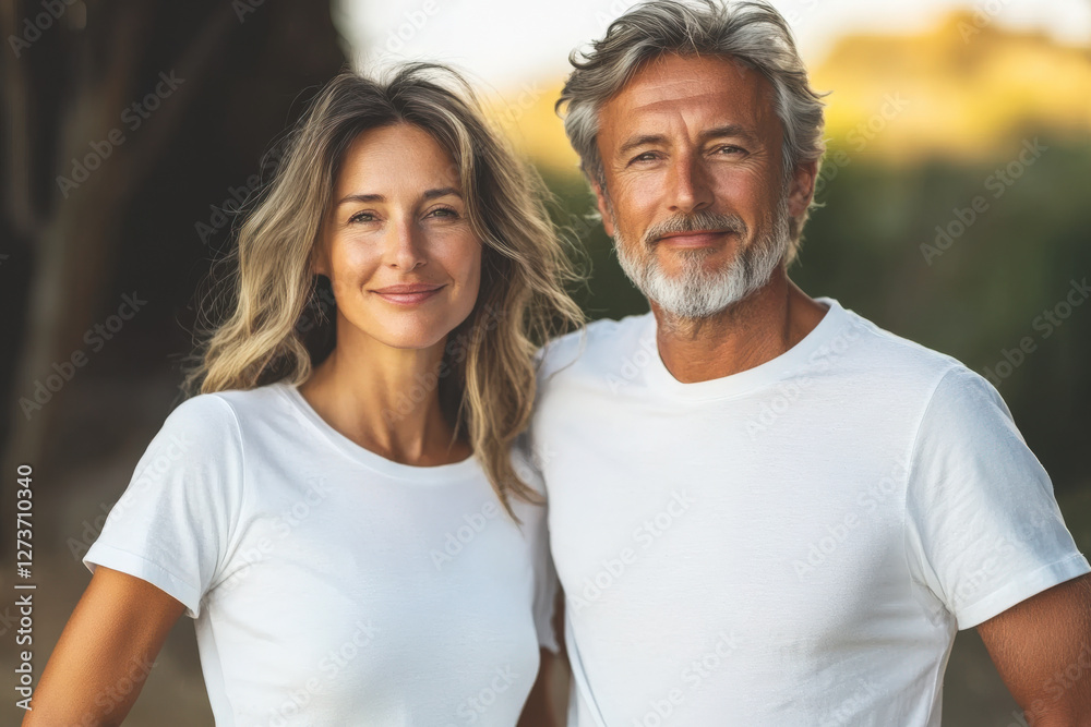 Portrait of an elderly couple wearing white T-shirts Portrait of an elderly couple wearing white T-shirts