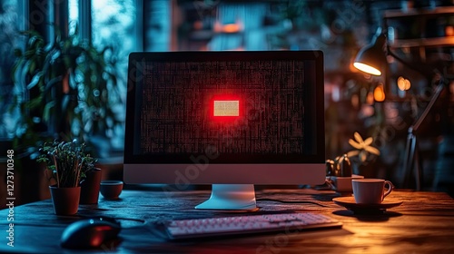 An error message flashing on a computer screen, indicating an urgent technical issue. 