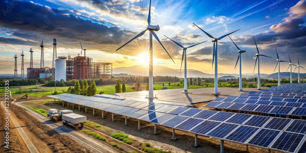 Sustainable Energy Innovation A Scenic View of Wind Turbines and Solar Panels at Sunset, Complementing Industrial Development Sustainable Energy Innovation A Scenic View of Wind Turbines and Solar Panels at Sunset, Complementing Industrial Development