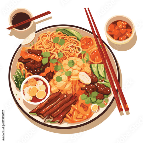food, chinese, asian, background, restaurant, cooking, meal, design, cuisine, delicious, gourmet, dinner, dish, asia, plate, tasty, noodle, yellow, lunch, thai, traditional, vegetable, vector, table, 