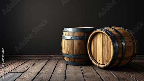 Obraz na płótnie Wooden Barrels with Metal Hoops: Classic Storage Solution w salonie