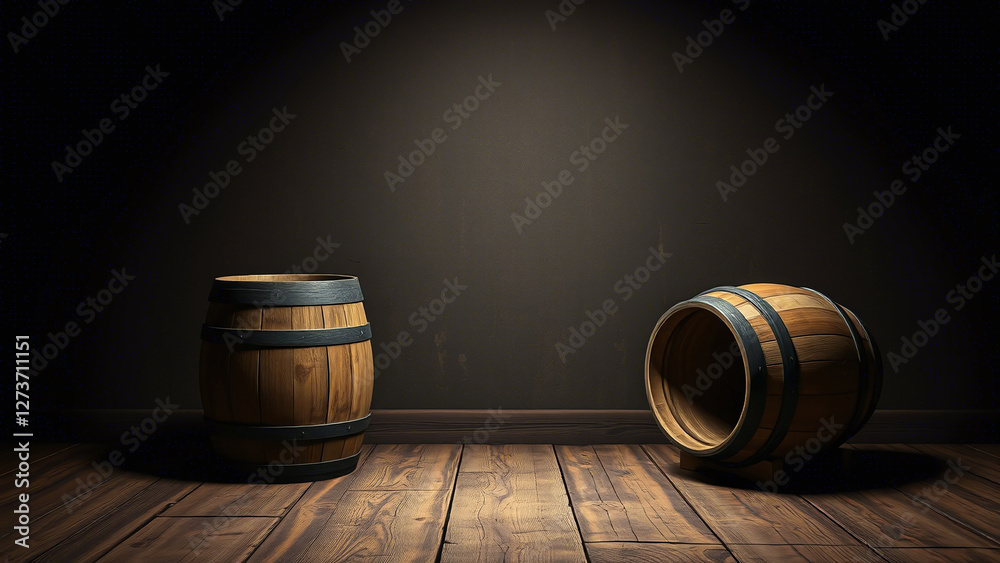 Rustic Wooden Barrels on Wooden Floor: Traditional Craftsmanship