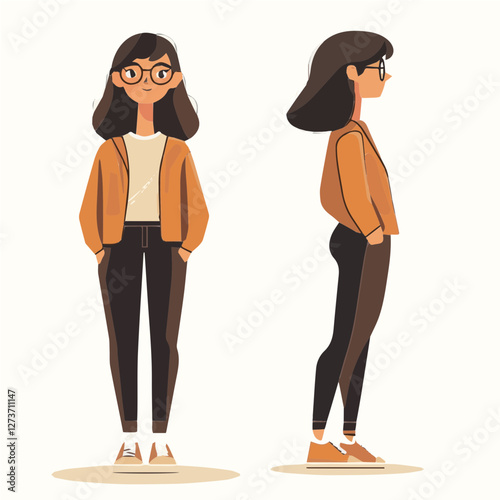 A full-body flat vector character illustration of a young woman in casual attire, shown from front and side views. Great for character design, branding, and storytelling