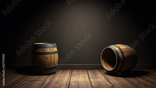 Obraz na płótnie Rustic Wooden Barrels on Wooden Floor: Traditional Craftsmanship w salonie