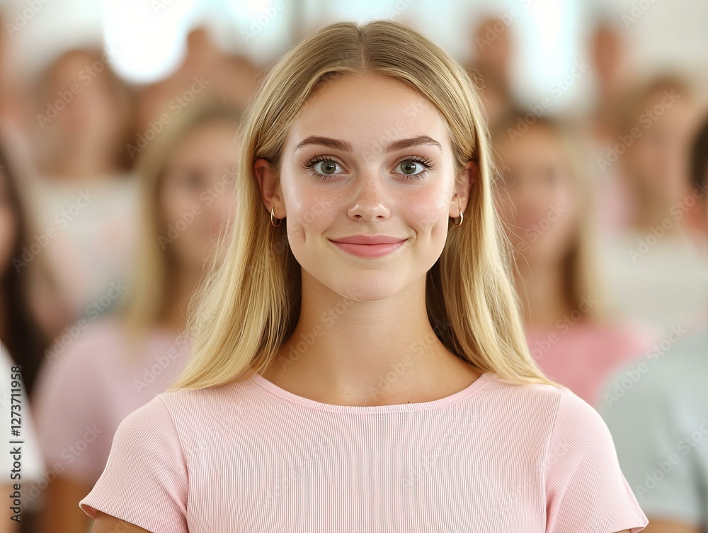 Fototapeta premium Youthful woman smiling classroom setting portrait image bright environment engaging viewpoint