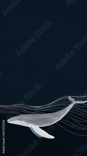 Minimalist Marine Life: White Line Art of Aquatic Animals on Navy Background, whale