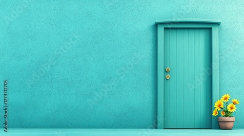 A blue door with a yellow flower pot on the porch