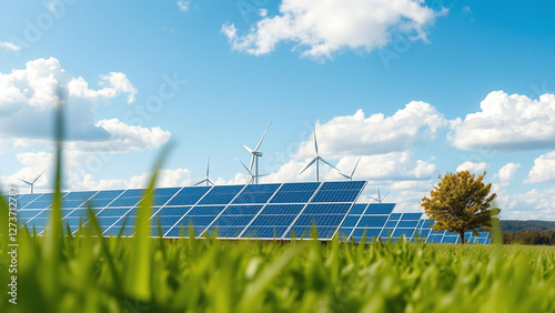 Obraz na płótnie Sustainable Energy: Solar Panels and Wind Power in Action w salonie