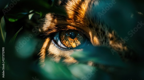 Big cat eye, jungle foliage, hidden predator, wildlife photography
