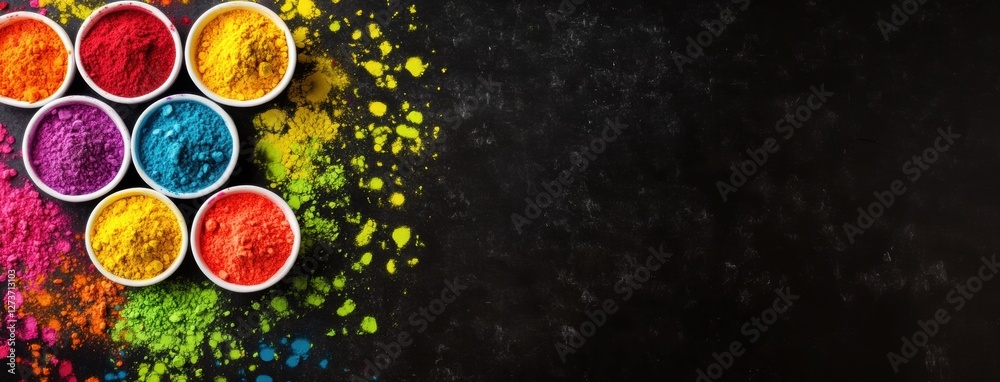 Small white bowls filled with vibrantly colored Holi powders arranged on a dark, textured background. Small white bowls filled with vibrantly colored Holi powders arranged on a dark, textured background.