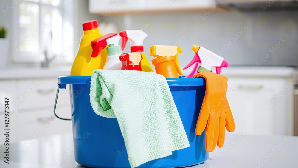 Assorted Cleaning Supplies: Organized and Colorful Arrangement
