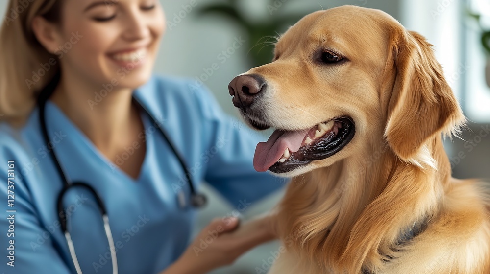 Caring veterinarian with golden retriever dog in a welcoming animal clinic : Generative AI