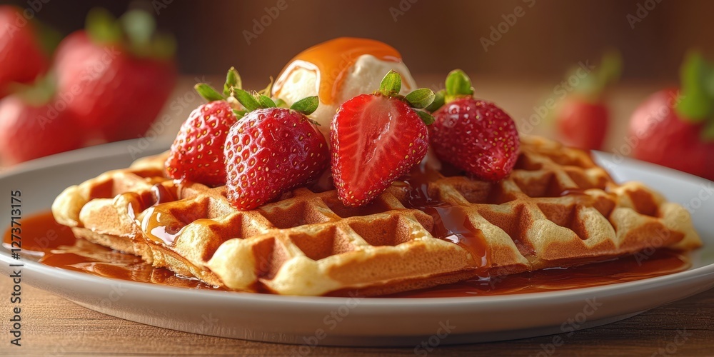 Waffles topped with strawberries and ice cream served on a plate in a cozy setting Waffles topped with strawberries and ice cream served on a plate in a cozy setting