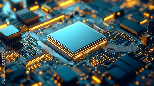 Modern Microchip Surrounded by Circuits and Lights in Dark Setting : Generative AI