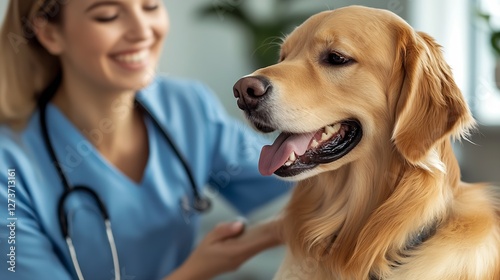 Obraz na płótnie Caring veterinarian with golden retriever dog in a welcoming animal clinic : Generative AI w salonie