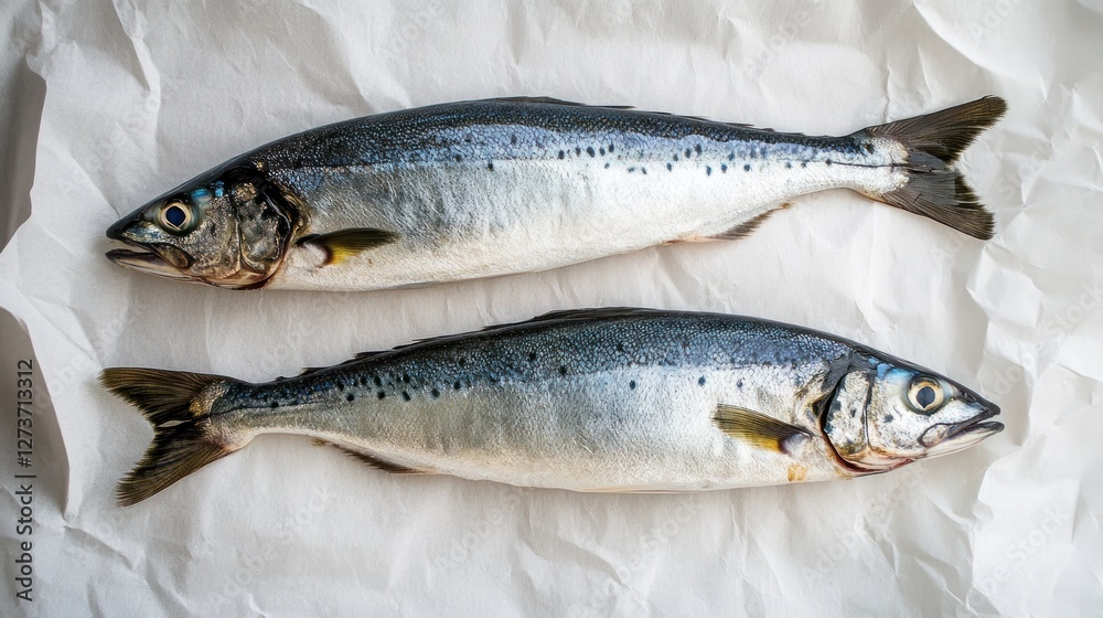 Freshly Caught Salmon Duo: Two Whole Fish on White Paper Freshly Caught Salmon Duo: Two Whole Fish on White Paper