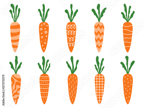 Easter carrots hand drawn set with doodle abstract ornament. Vegetables, healthy or vegan food theme. Vector illustration on white background.