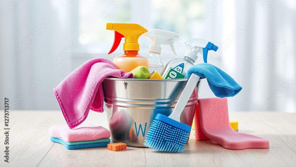 Assorted Cleaning Supplies: Organized and Colorful Arrangement