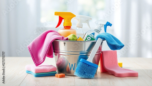 Obraz na płótnie Assorted Cleaning Supplies: Organized and Colorful Arrangement w salonie