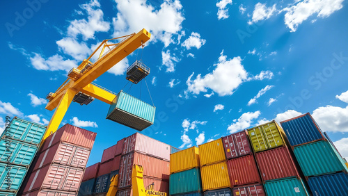 Obraz na płótnie Industrial Crane Lifting Shipping Container: Efficient Logistics w salonie