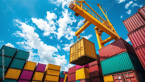 Obraz na płótnie Global Trade in Motion: Crane Moving Container in Storage Yard w salonie