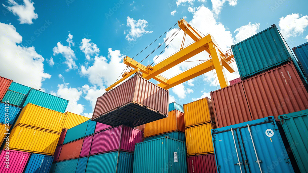Colorful Container Yard with Yellow Crane: Cargo Handling in Action