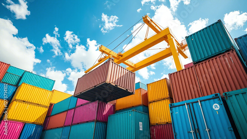 Obraz na płótnie Colorful Container Yard with Yellow Crane: Cargo Handling in Action w salonie