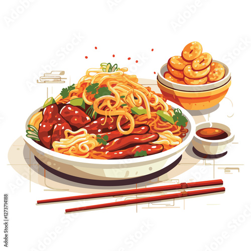 food, chinese, asian, background, restaurant, cooking, meal, design, cuisine, delicious, gourmet, dinner, dish, asia, plate, tasty, noodle, yellow, lunch, thai, traditional, vegetable, vector, table, 
