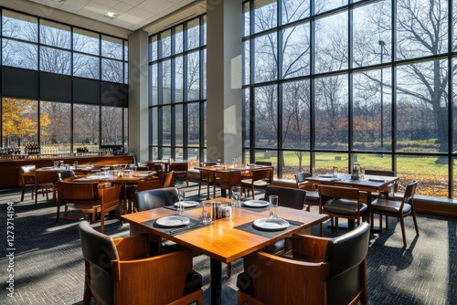 Modern restaurant interior with square wooden tables and chairs, large windows, high ceilings, dining table with plates and glasses on it