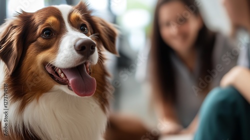 Australian Shepherd Dog Close Up Smiling Happily at Home with Owners : Generative AI