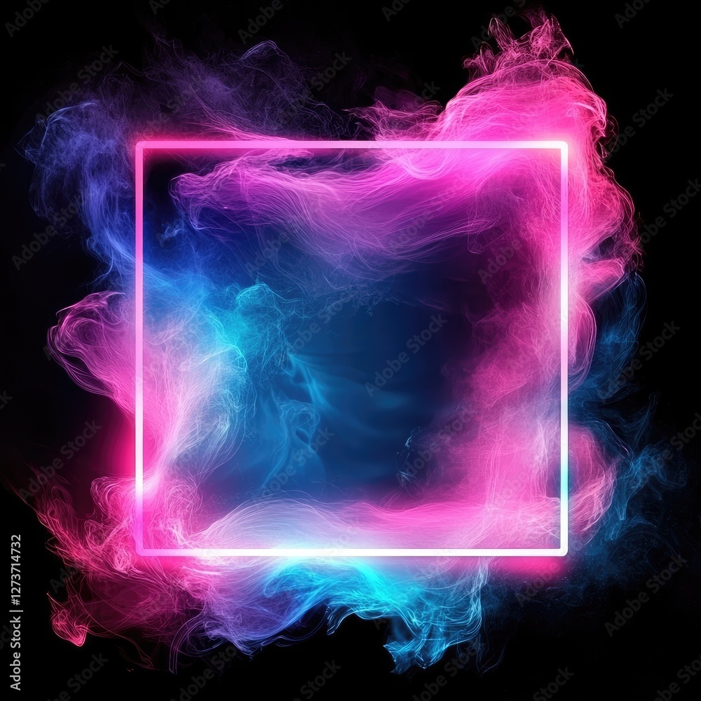 Obraz premium Neon frame in the shape of an open square on a dark background, vector illustration with a smoke effect. Neon glowing border around a rectangular shape.