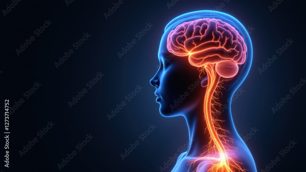 A 3D illustration showing a side view of a person's head with a highlighted brain and vagus nerve stimulation area. A 3D illustration showing a side view of a person's head with a highlighted brain and vagus nerve stimulation area.