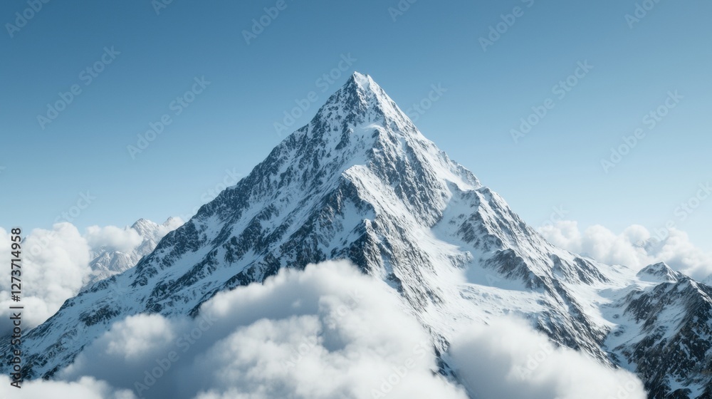 Obraz premium Majestic Snow-Capped Mountain Peak Rising Above Lush Clouds Under a Clear Blue Sky in a Breathtaking Natural Landscape