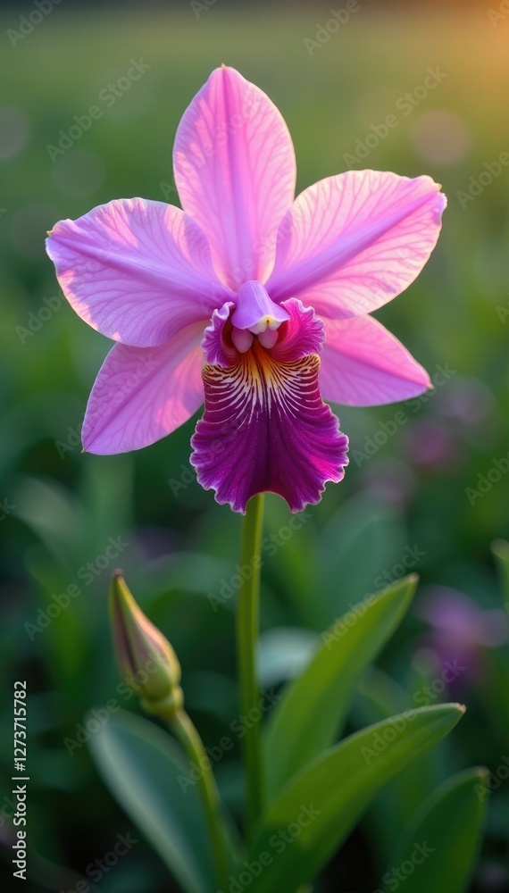 Obraz premium High angle shot of wavy petal orchid in meadow, meadow, orchids