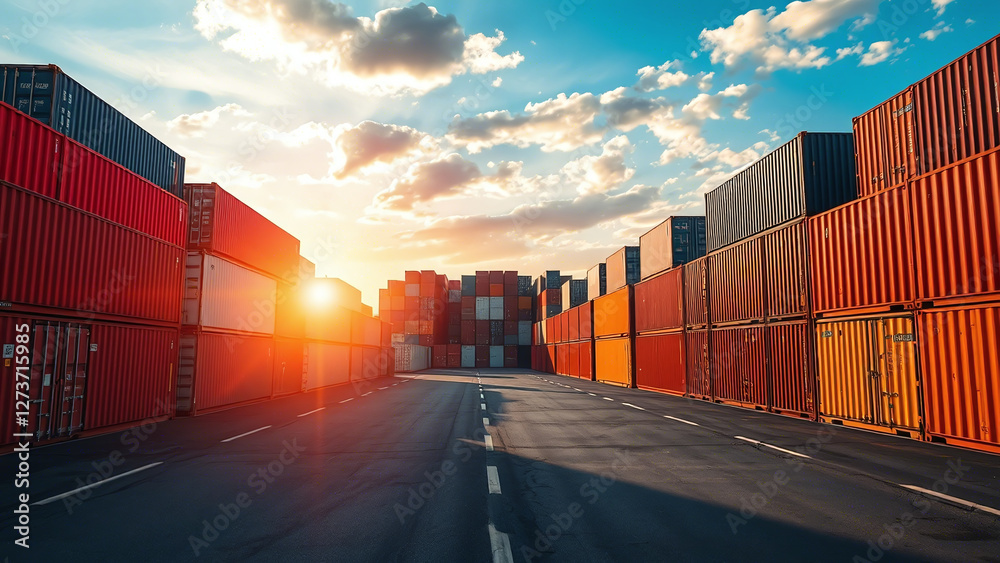 Colorful Shipping Containers at Sunset: Logistics in Action