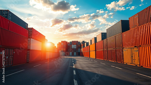 Obraz na płótnie Colorful Shipping Containers at Sunset: Logistics in Action w salonie