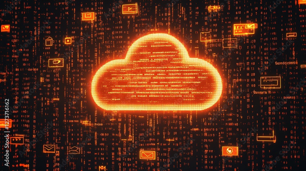 Glowing Red Cloud Icon Amidst Data Icons on a Dark Digital Canvas : Generative AI