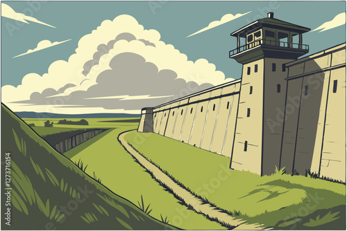  Expansive fortress walls, lush green grass, towering white cloud formation, vibrant blue sky, historical military structure, lookout tower, dramatic landscape, wide-angle perspective, summer day, a
