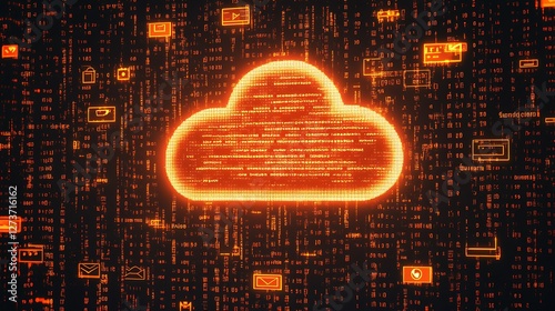 Obraz na płótnie Glowing Red Cloud Icon Amidst Data Icons on a Dark Digital Canvas : Generative AI w salonie