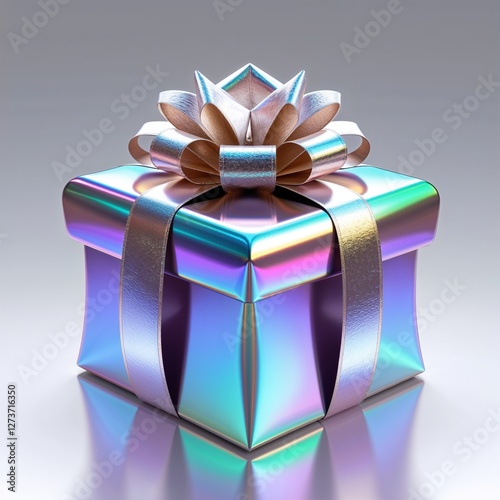 A Gleaming Prism of Anticipation: This holographic gift box shimmers with iridescent blues, purples, and greens, tied with a reflective silver bow, hinting at a special surprise awaiting unwrapping, p