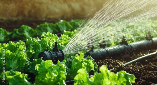Obraz na płótnie Advanced Drip Irrigation Setup for Lettuce Cultivation Ensuring Optimal Growth and Yield : Generative AI w salonie
