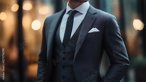 Obraz na płótnie Confident Man in Tailored Suit Business Attire Displaying Modern Professional Style : Generative AI w salonie