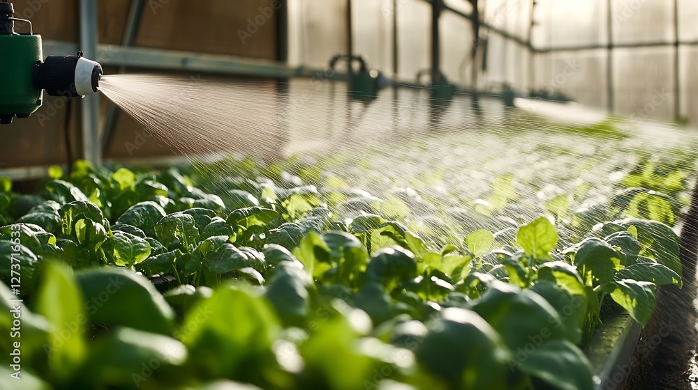 Hydroponic Leafy Greens Watering Process in a Modern Greenhouse Setting : Generative AI