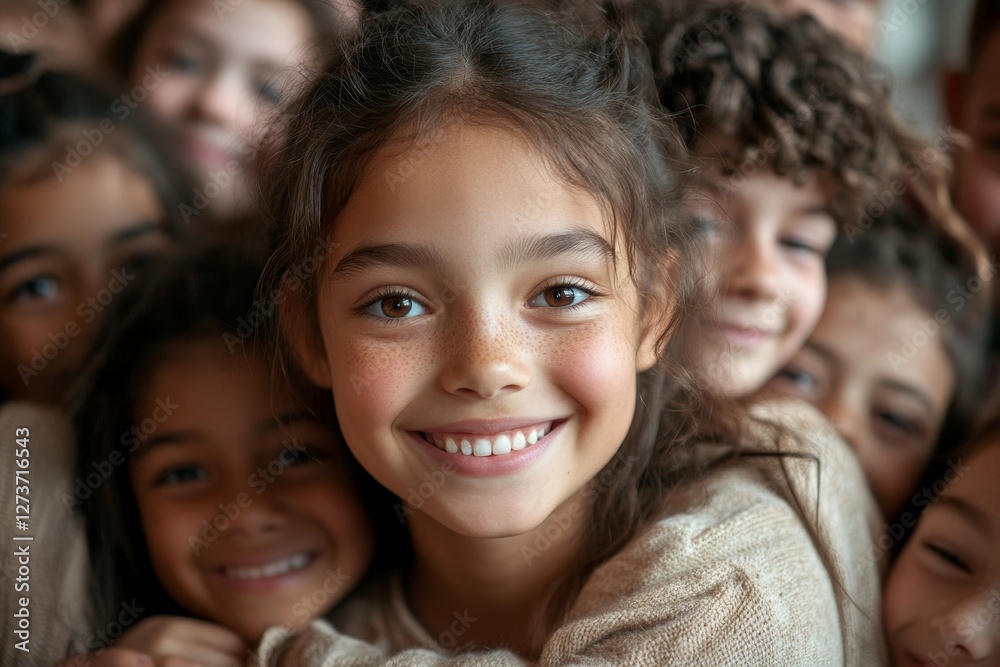 Fototapeta premium Happy diverse kids, junior school children embracing female teacher appreciating and thanking educator in classroom