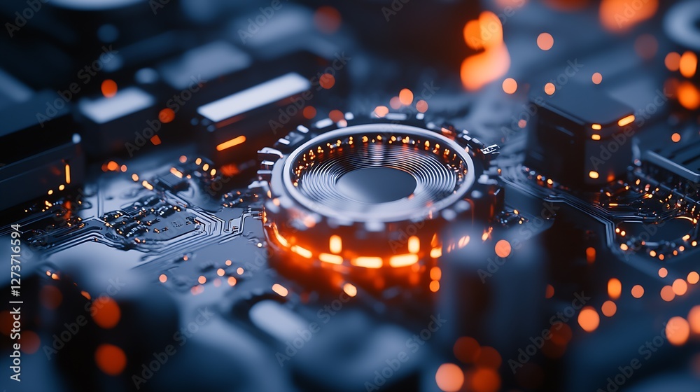 Artistic View of a Circuit Board with a Glowing Component and LED Lights : Generative AI
