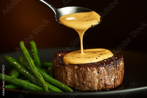 Obraz na płótnie Mouthwatering Beef Steak Served with Savory Sauce and Vibrant Green Beans for Elegant Dining : Generative AI w salonie